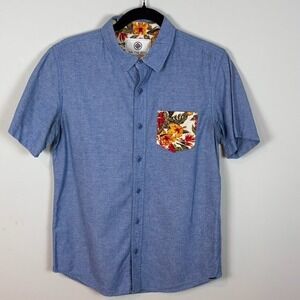 On The Byas Men's Short Sleeve Blue Floral Pocket 100% Cotton Shirt sz Small